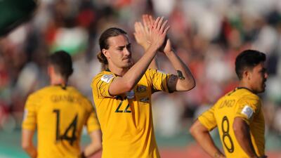 Jackson Irvine of Australia and his teammates celebrate following their victory in the AFC Asian Cup Group B match between Palestine and Australia in Dubai. Getty Images