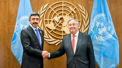 United Nations Secretary-General Antonio Guterres meets Sheikh Abdullah bin Zayed, Minister of Foreign Affairs and International Co-operation, and his accompanying delegation, on the sidelines of the UN General Assembly. Wam