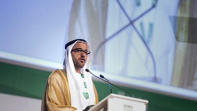 Nasser Ahmed Alsowaidi, chairman of National Bank of Abu Dhabi, delivers his keynote speech at the opening of Global Financial Markets Forum. Silvia Razgova / The National