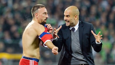 Kai Schwoerer, Germany, Imago: Bayern Munich manager Pep Guardiola gives instructions to Franck Ribery prior to his substution in a Bundesliga match. This image is a finalist in the photography category of the inaugural Sport Media Pearl Awards, which is managed by the International Sports Press Association (AIPS) and hosted by Abu Dhabi Media, publishers of The National.