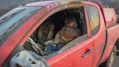 A burnt firefighting vehicle on the Greek island of Crete. AFP