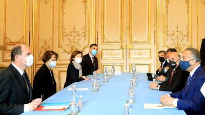 French Prime Minister Jean Castex and Iraqi Prime Minister Mustafa al-Kadhimi sit for talks in Paris, France. Courtesy