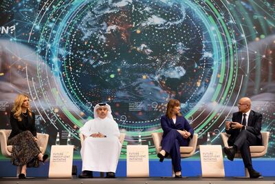 UK Chancellor Rachel Reeves joins Qatari Finance Minister Ali Ahmed Al Kuwari, CNBC presenter Sarah Eisen, and Turkish Finance Minister Mehmet Simsek in a panel at the Future Investment Initiative in Riyadh. Kirsty O'Connor / Treasury