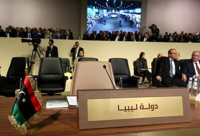 The empty seat of Libya is seen during the Arab Economic and Social Development summit meeting in Beirut, Lebanon January 20, 2019. REUTERS/Aziz Taher