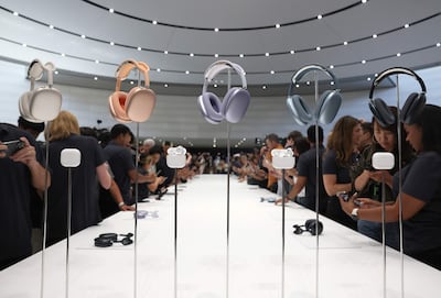 The new AirPods line-up on display at the Steve Jobs Theatre at Apple Park in Cupertino, California. AFP