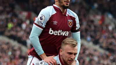 Jarrod Bowen of West Ham United celebrates with Said Benrahma after scoring the winner. Getty