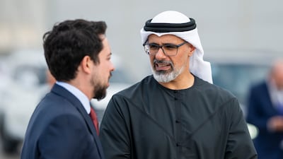 Sheikh Khaled bin Mohamed, Crown Prince of Abu Dhabi, and Jordanian Crown Prince Hussein bin Abdullah at Al Bateen airport. Omar Al Askar / UAE Presidential Court