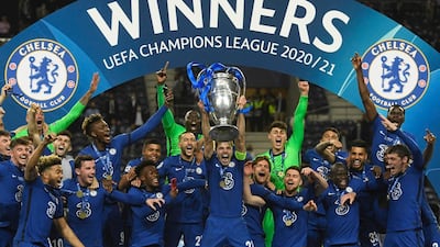 Chelsea players celebrate after beating Manchester City in Porto.
