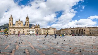 Panoramic view of Bolivar Square with Cathedral and Colombian National Capitol and Congress. Alamy