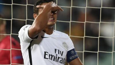 Paris Saint-Germain's Thiago Silva reacts during the Champions League match against Ludogorets Razgrad on Wednesday night. Dimitar Dilkoff / AFP / September 28, 2016