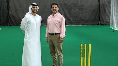 Zayed Abbas, member of the Emirates Cricket Board, and Salman Sarwar Butt, OPI chief executive, at the ICC Academy in Dubai Sports City. Antonie Robertson/The National