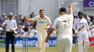 Tim Southee of New Zealand celebrates after dismissing England's Alex Lees. Getty