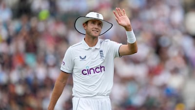 England's Stuart Broad waves to the crowd in his final Test on day four of the fifth Ashes match at The Oval on Sunday, July 30, 2023. AP