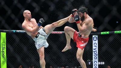 Bogdan Guskov, left, in action against Magomed Ankalaev at UFC Fight Night in Abu Dhabi.