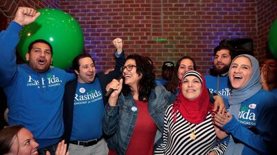 Tlaib celebrates with family and friends at her midterm election night party. Reuters