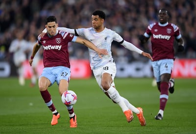 Nayef Aguerd playing for West Ham United against Liverpool in the Premier League. Getty Images