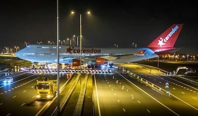 A fully stripped Boeing 747 of the airline Corendon is transported over the A9 highway, Badhoevedorp. the Netherlands with it set to become a hotel attraction. EPA