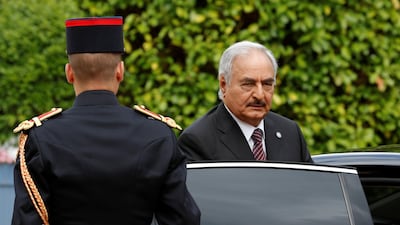 Field Marshal Khalifa Haftar, commander of the Libyan National Army, arrives for talks over a political deal to end Libya’s crisis in La Celle-Saint-Cloud, near Paris, on July 25, 2017. Philippe Wojazer / Reuters