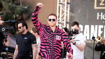 Saul Alvarez arrives on stage for his weigh-in prior to his WBA light heavyweight championship title fight against Dmitry Bivol. EPA