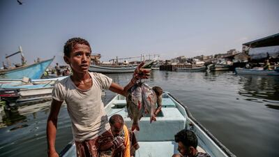 In this Sept. 29, 2018, photo, a boy holds the catch of the day on a boat at the main fishing port, in Hodeida, Yemen. Hani Mohammed / AP Photo