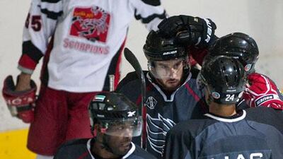 The Abu Dhabi Storms celebrate after scoring against the Abu Dhabi Scorpions in capital city late on Wednesday night.