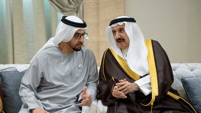 Saudi Arabia's Prince Saud bin Nayef Al Saud, offers condolences to Sheikh Hamdan bin Zayed, Ruler’s Representative in Al Dhafra Region, on the passing of the late Sheikh Tahnoon bin Mohammed, Ruler’s Representative of Al Dhafra Region at Al Mushrif Palace. All photos: UAE Presidential Court