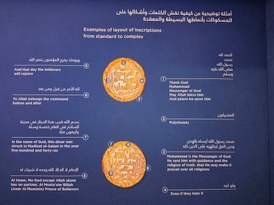 Inscriptions on Islamic coins are mapped out on the walls of Dubai Coins Museum. Photo: Katy Gillett for The National