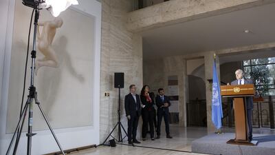 Ghassan Salame (R), special representative of the United Nations Secretary-General and head of the United Nations Support Mission in Libya, informs the media about a new meeting round of the 5+5 Libyan Joint Military Commission, during a press stakeout, at the European headquarters of the United Nations in Geneva, Switzerland. EPA