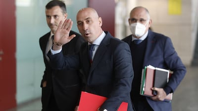 President of the Spanish federation Luis Rubiales, centre, at a press conference on the controversy over the contracts signed to host the Spanish Super Cup overseas. EPA