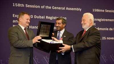 The Bureau International des Expositions in Paris officially confirmed Dubai as host city of the next expo. Sheikh Ahmed bin Saeed Al Maktoum was in France for the announcement. Courtesy Expo 2020