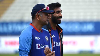 India's Jasprit Bumrah, right, and coach Rahul Dravid during training at Edgbaston. AP