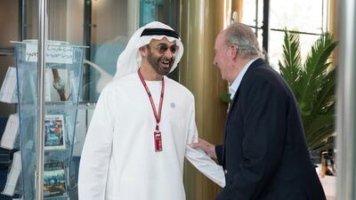 Sheikh Mohamed bin Zayed greets Juan Carlos I, former King of Spain, at Yas Marina Circuit.
