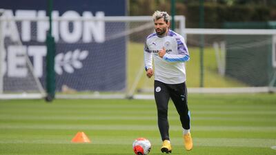 Manchester City's Sergio Aguero in action during training at Manchester City Football Academy in Manchester, England. Getty Images