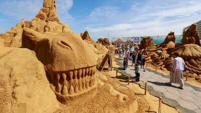 Dinosaur sand sculptures that form part of the sand sculpture festival 'Dinos in the Sand' on the beach of Middelkerke, Belgium. EPA