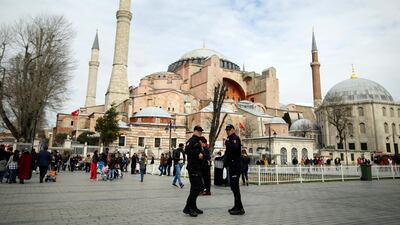 Turkish police secure the plaza in front of Hagia Sophia in Istanbul on March 15, 2019 after attacks on two mosques in New Zealand. AP Photo