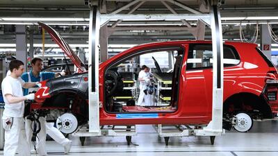 Workers at the Volkswagen Golf factory in Wolfsburg, Germany, have been told to stop production of the vehicles amid a row between the company and a supplier. Sean Gallup / Getty