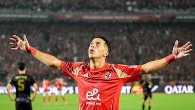 Al Ahly's Emam Ashour celebrates after scoring his team's second goal against Al Ain in the 3-0 Intercontinental Cup second-round victory at Cairo International Stadium on Tuesday, October 29, 2024. AFP