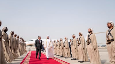 Sheikh Mohamed bin Zayed, Crown Prince of Abu Dhabi, receives King Abdullah II at Al Bateen Airport. All photos by Rashed Al Mansoori / Ministry of Presidential Affairs