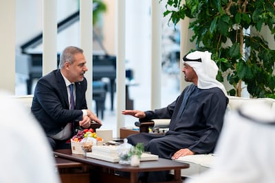 President Sheikh Mohammed and Turkey's Foreign Minister Hakan Fidan emphasised the importance of promoting security, stability and lasting peace across the region. Photo: Abdulla Al Bedwawi / UAE Presidential Court