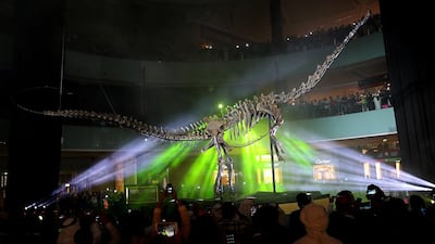 Dubai Mall's resident dinosaur. Satish Kumar / The National