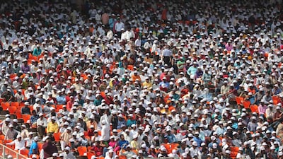 People fill the stands for an event at Sardar Patel stadium which will be attended by U.S. President Donald Trump and Indian Prime Minister Narendra Modi in Ahmedabad, India. AP Photo