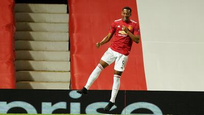 Manchester United's Anthony Martial celebrates after the second goal against LASK at Old Trafford. AP