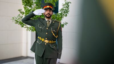 The leaders receive a guard of honour from the UAE Armed Forces at Qasr Al Shati