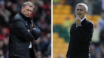 David Moyes, left, is out at Manchester United, but Jose Mourinho, right, says he has no thoughts of leaving Chelsea.Ian Kington / AFP