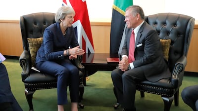 British Prime Minister Theresa May (L) meets with Jordan's King Abdullah ll Al Hussein (R) on the sidelines of the General Debate of the 73rd session of the General Assembly of the United Nations, at the United Nations Headquarters. EPA