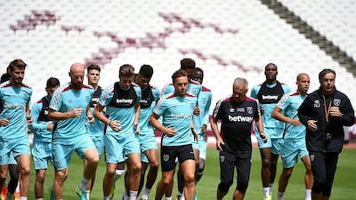 West Ham United players warm up during their training session at Queen Elizabeth Olympic Park on August 3, 2016 in London, England. (Photo by Tom Dulat/Getty Images)