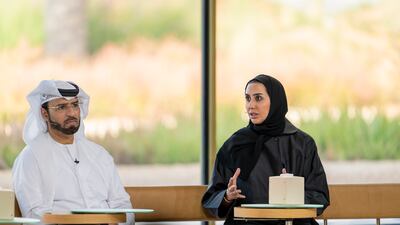 From right, Hessa Tahlak, assistant undersecretary for the social development sector at the Ministry of Community Development and Ali Al Mutawa, the secretary general of the Awqaf and Minors Affairs Foundation, at Majlis Mohamed bin Zayed. All Photos: UAE Presidential Court