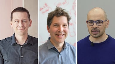 From left, John Jumper, David Baker and Demis Hassabis have shared this year's Nobel Prize in Chemistry. AP/Reuters