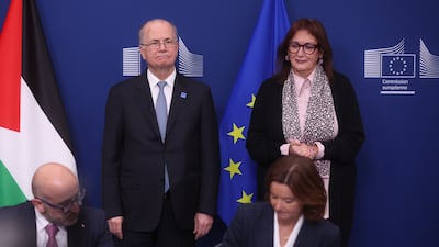 Palestinian Prime Minister Mohammad Mustafa with the European Commissioner for Mediterranean, Dubravka Suica, in Brussels. EPA