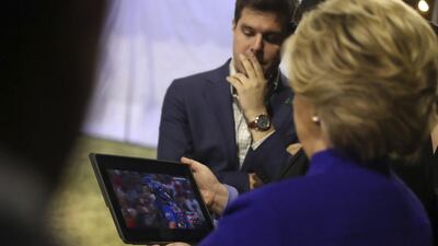 American Democratic presidential candidate Hillary Clinton watches the World Series after her campaign rally at Arizona State University in Tempe, Ariz. Andrew Harnik / AP